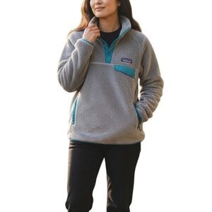 Patagonia Gray and Teal Fleece ReTool 1/4 Snap T pullover women’s small